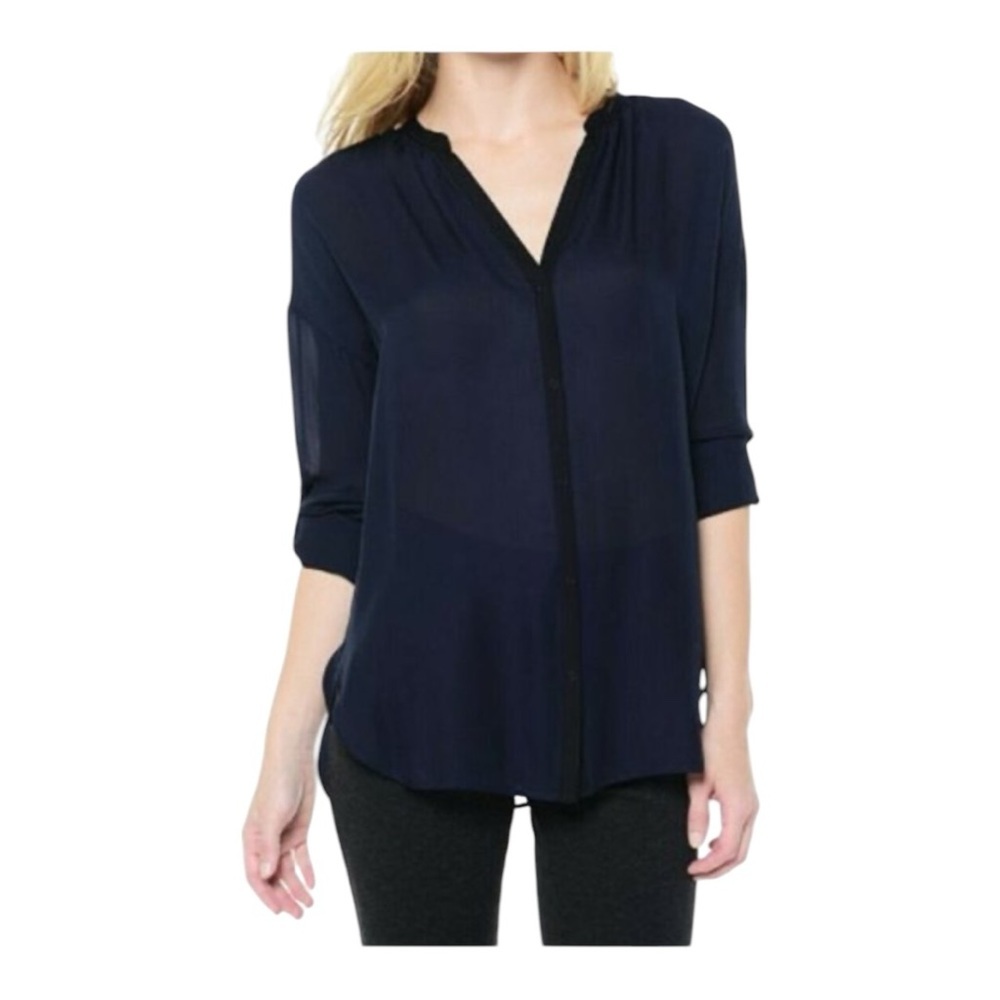 Vince Navy Cuffed Sleeve Collar Silk Relaxed V Neck Button Up Blouse 4